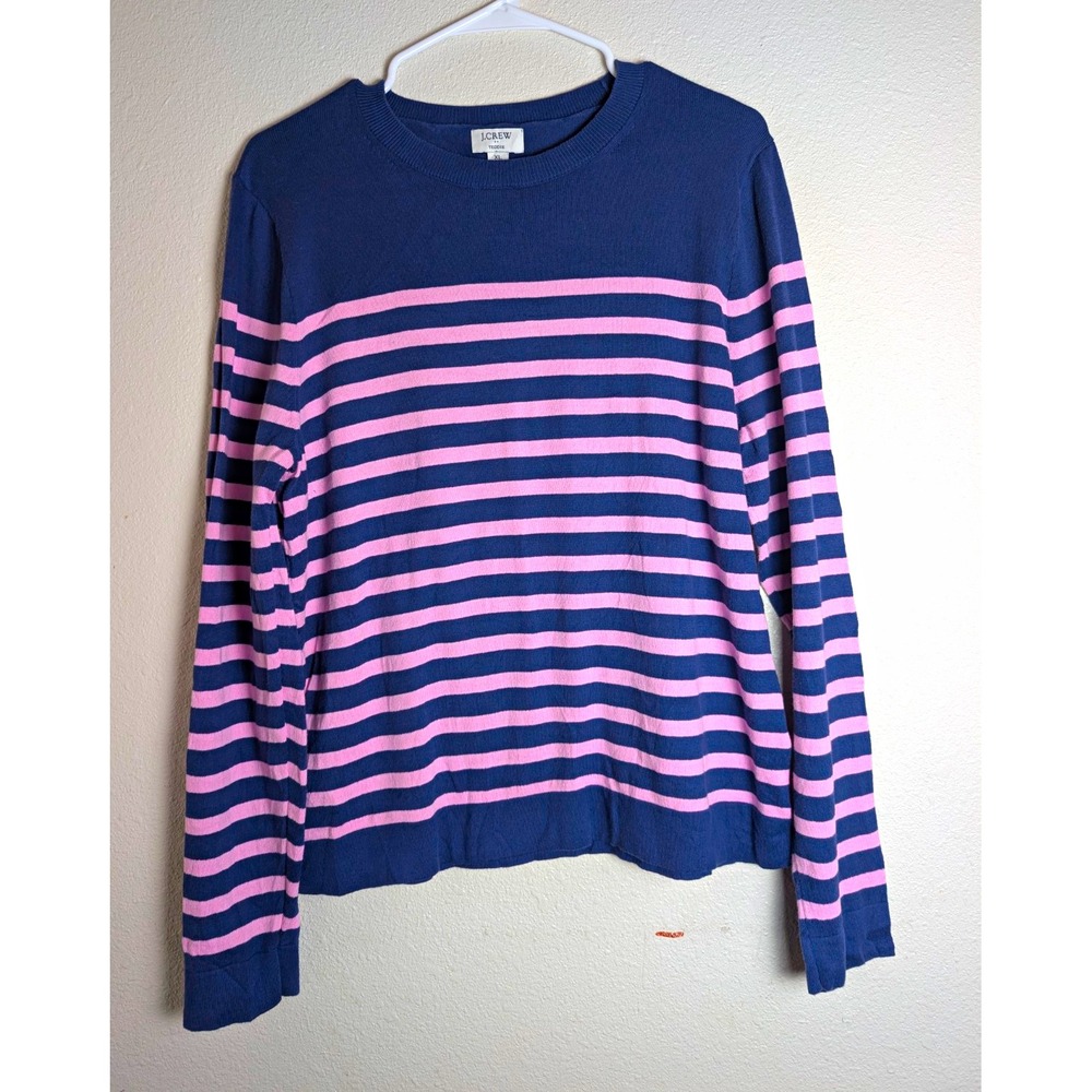 J.Crew Teddie Sweater Womens XL Navy Pink Stripe 100% Cotton Crewneck